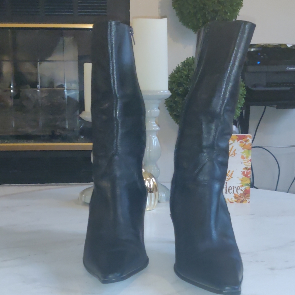 Black leather mid calf ankle boots